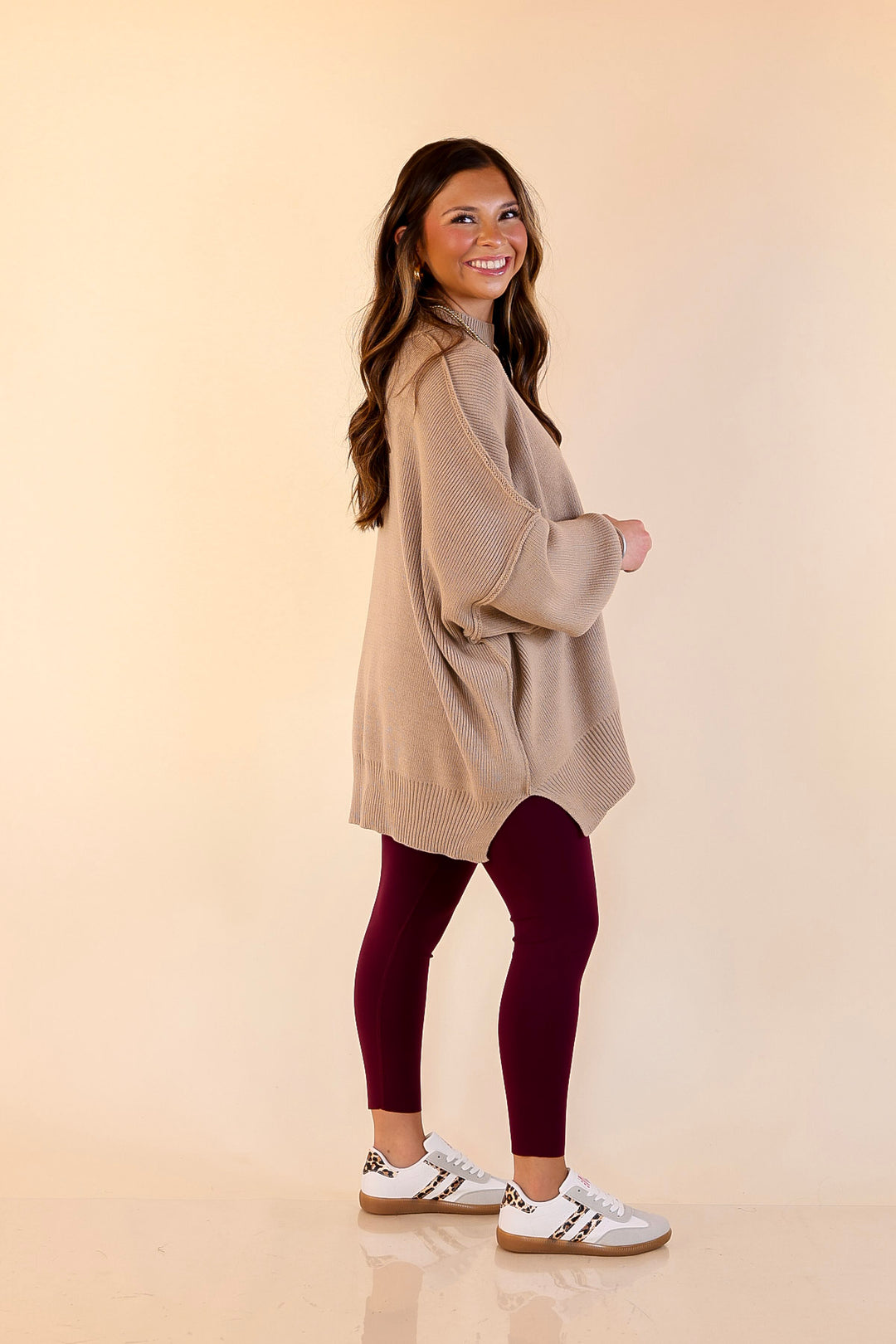 Snug and Stylish Mock Neck Sweater with Side Slit in Light Mocha Brown