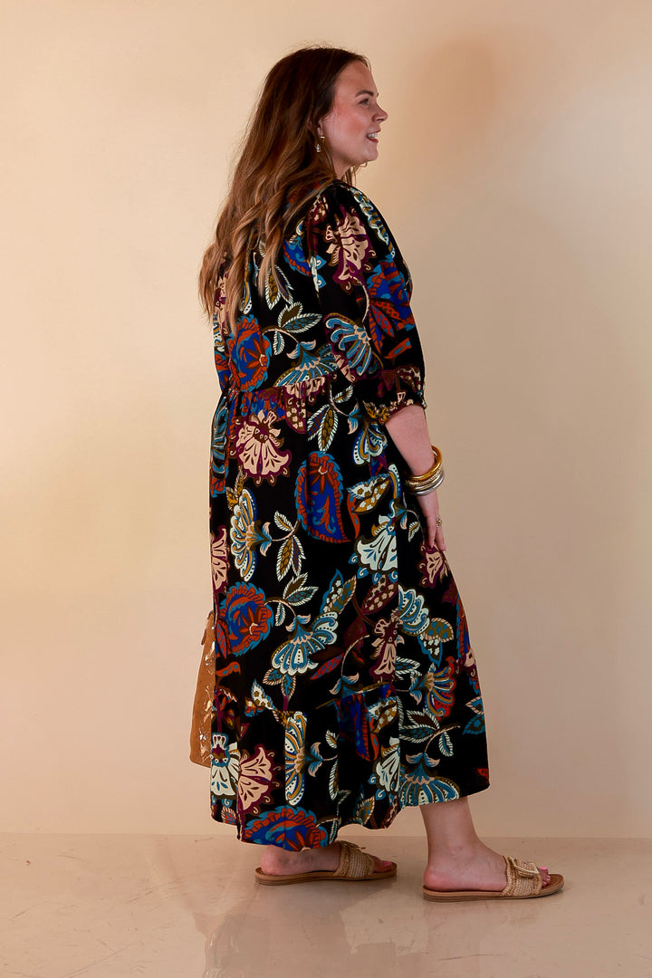 Season of Style Floral Print V Neck 3/4 Sleeve Collared Tiered Midi Dress in Black Multi
