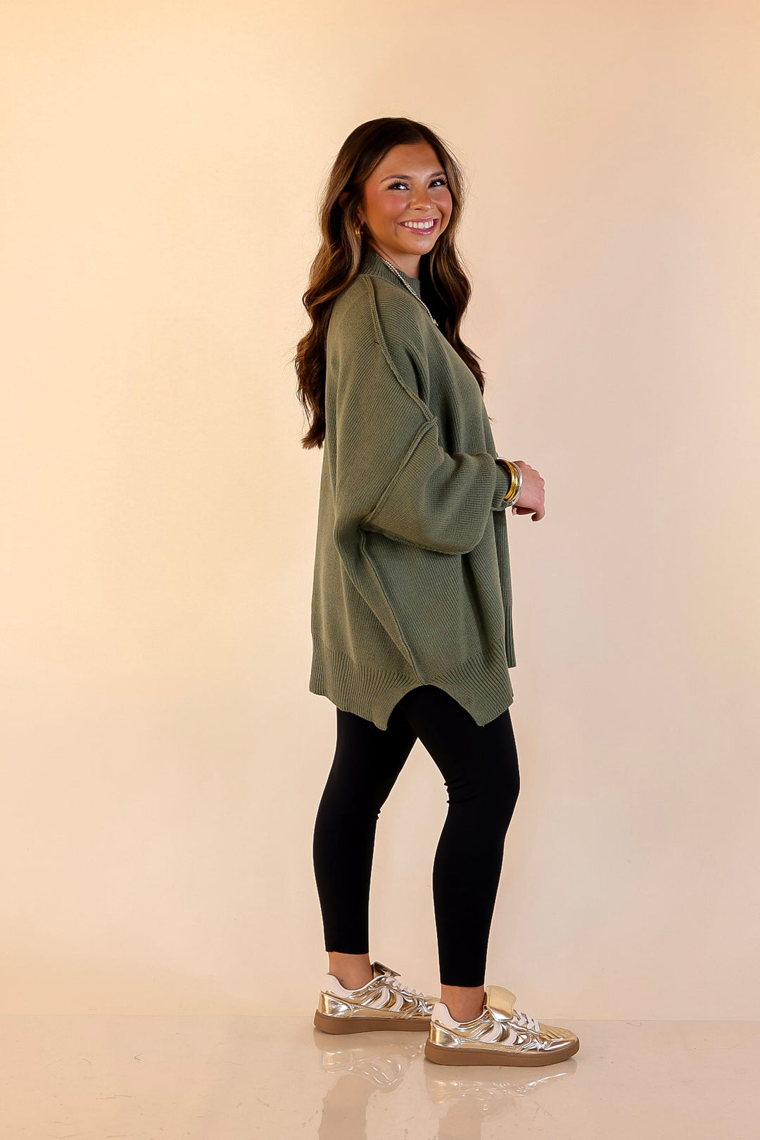 Snug and Stylish Mock Neck Sweater with Side Slit in Olive Green