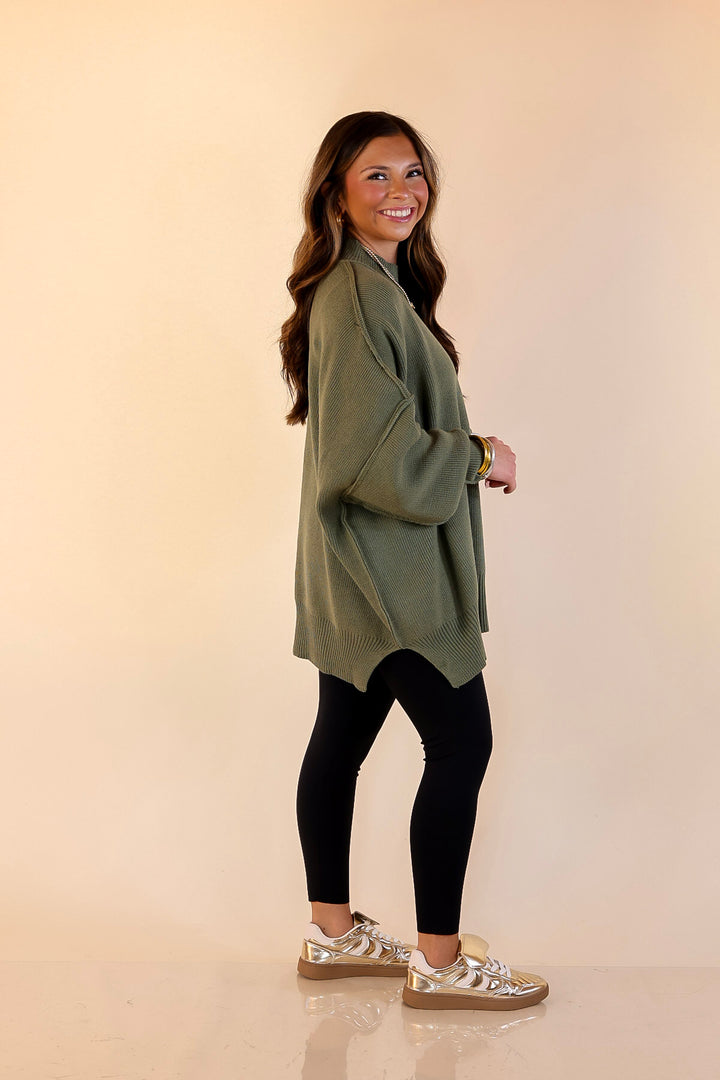 Snug and Stylish Mock Neck Sweater with Side Slit in Olive Green
