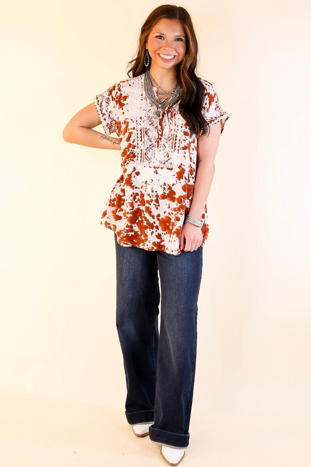 Hear The Applause Embroidered Top in White and Rust Orange