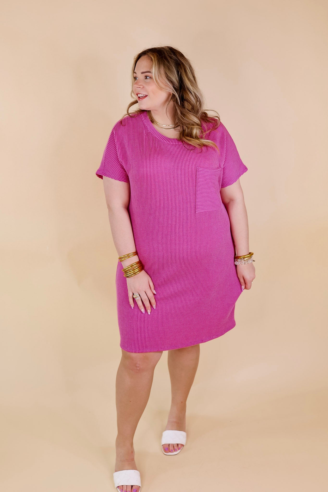 Coffee and Carefree Ribbed Short Sleeve Dress with Front Pocket in Magenta Purple - Giddy Up Glamour Boutique
