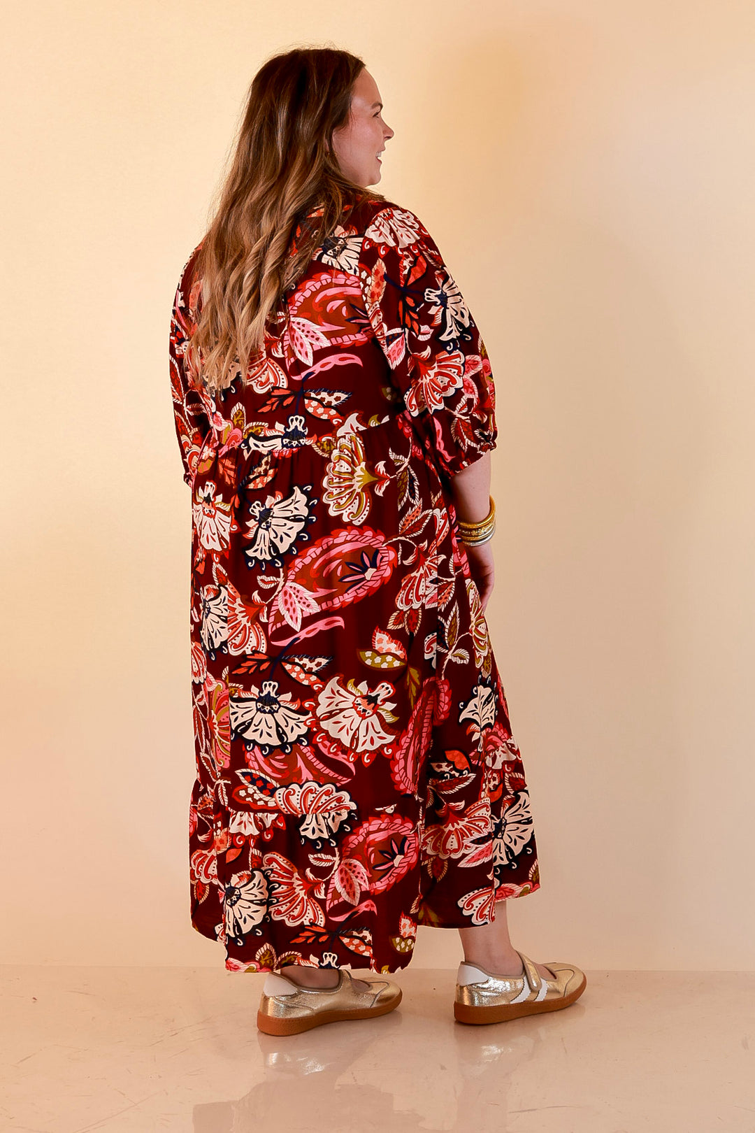 Season of Style Floral Print V Neck 3/4 Sleeve Collared Tiered Midi Dress in Maroon Multi