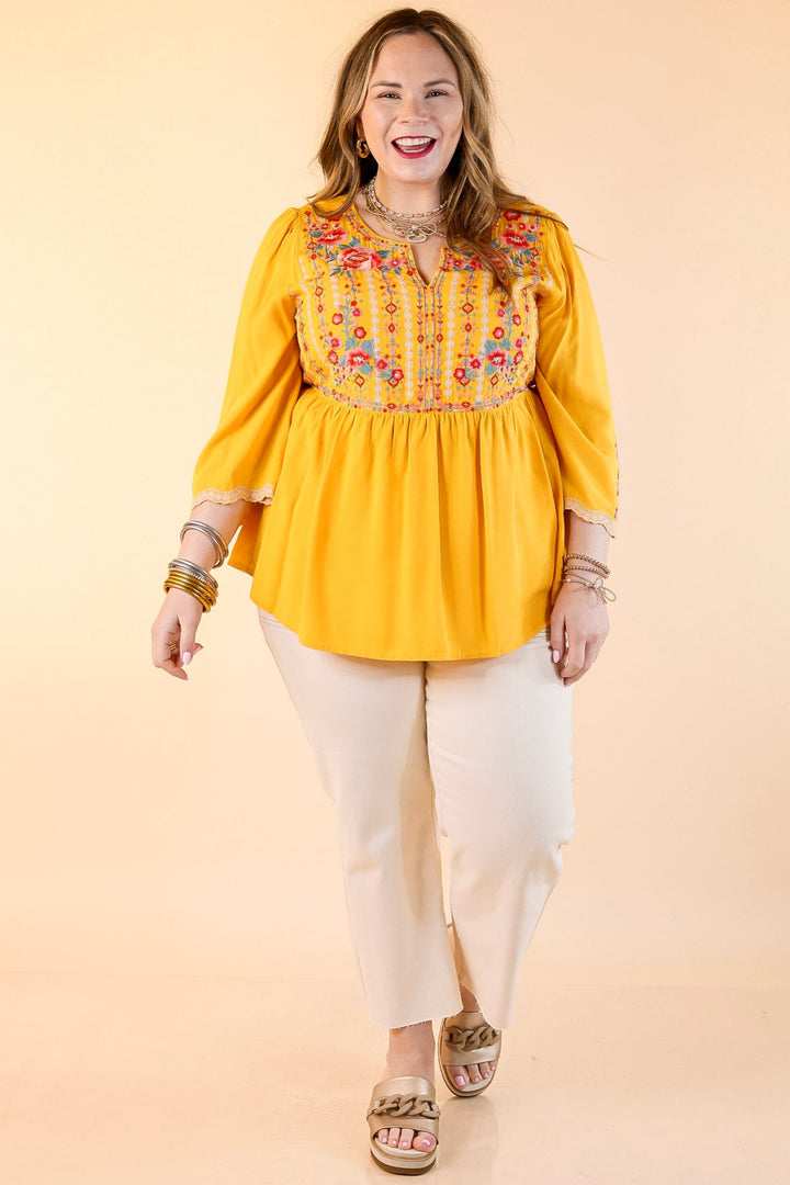 Already Mine 3/4 Bell Sleeve Embroidered Babydoll Top in Mustard Yellow