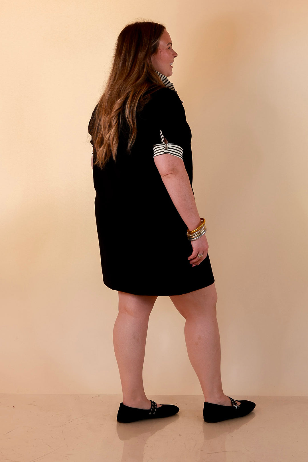Refined Edge Short Puff Sleeve Dress with Ruffled Stripe Collar and Trim in Black