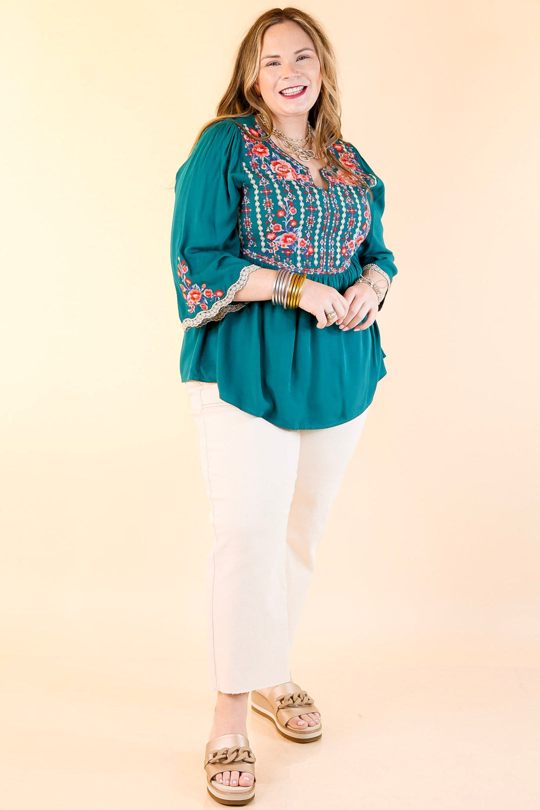 Already Mine 3/4 Bell Sleeve Embroidered Babydoll Top in Teal