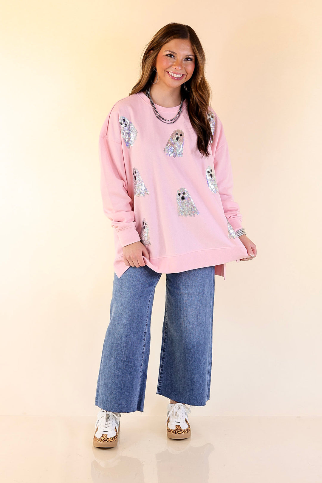 Mud Pie | Too Cute to Spook Crew Neck Sweatshirt with Side Slits and Sequin Ghosts in Pink