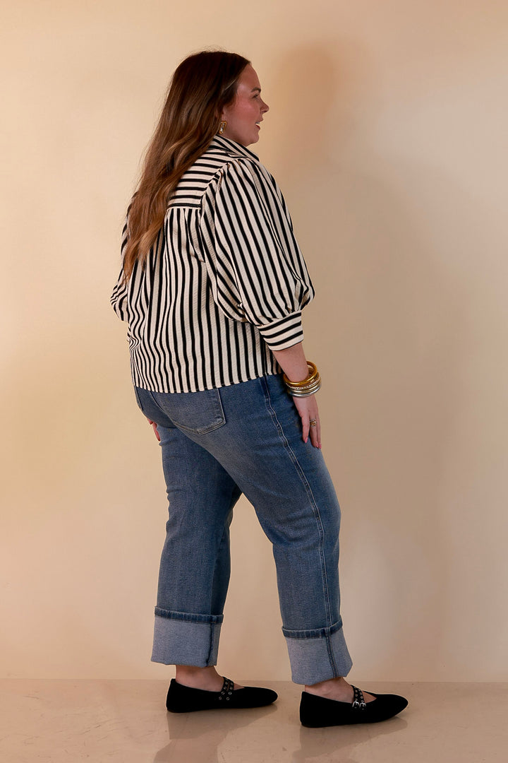 The Bold Type Striped 3/4 Sleeve Button-Up Top in Ivory with Black Stripes