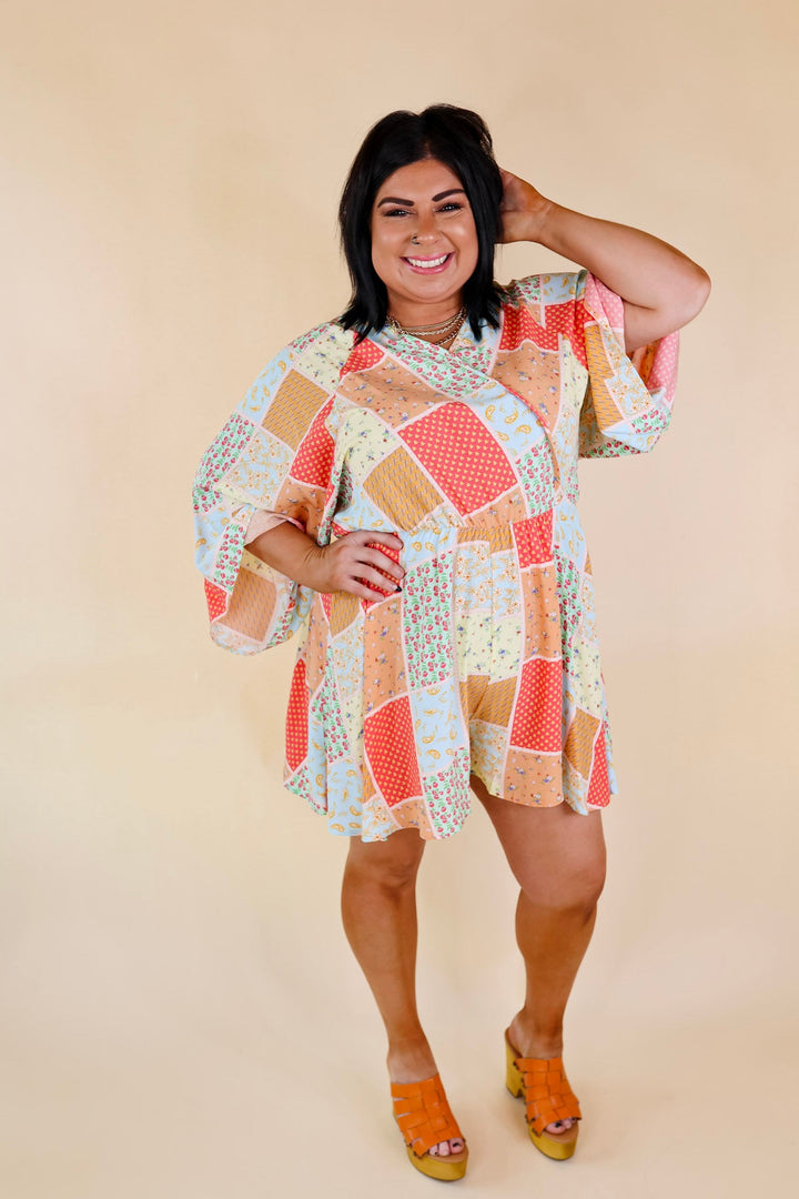 Pushing Limits Floral Patch Print Romper with 3/4 Sleeves - Giddy Up Glamour Boutique