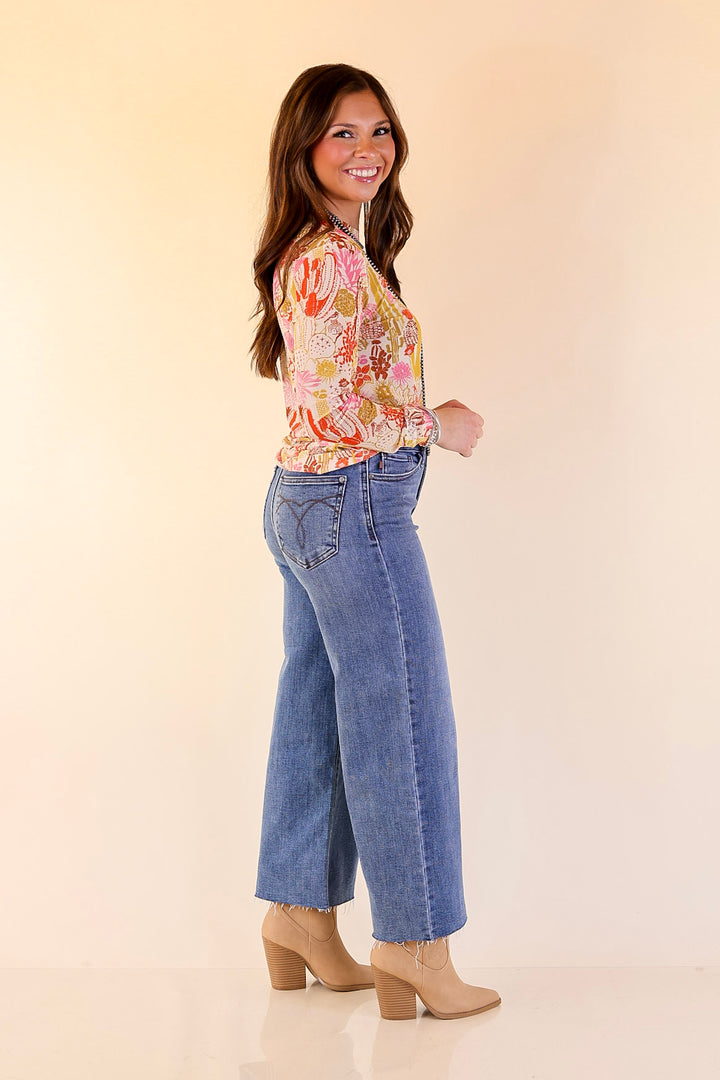 Western Dream Cacti Print Mesh Long Sleeve Top in Cream, Olive Green and Pink