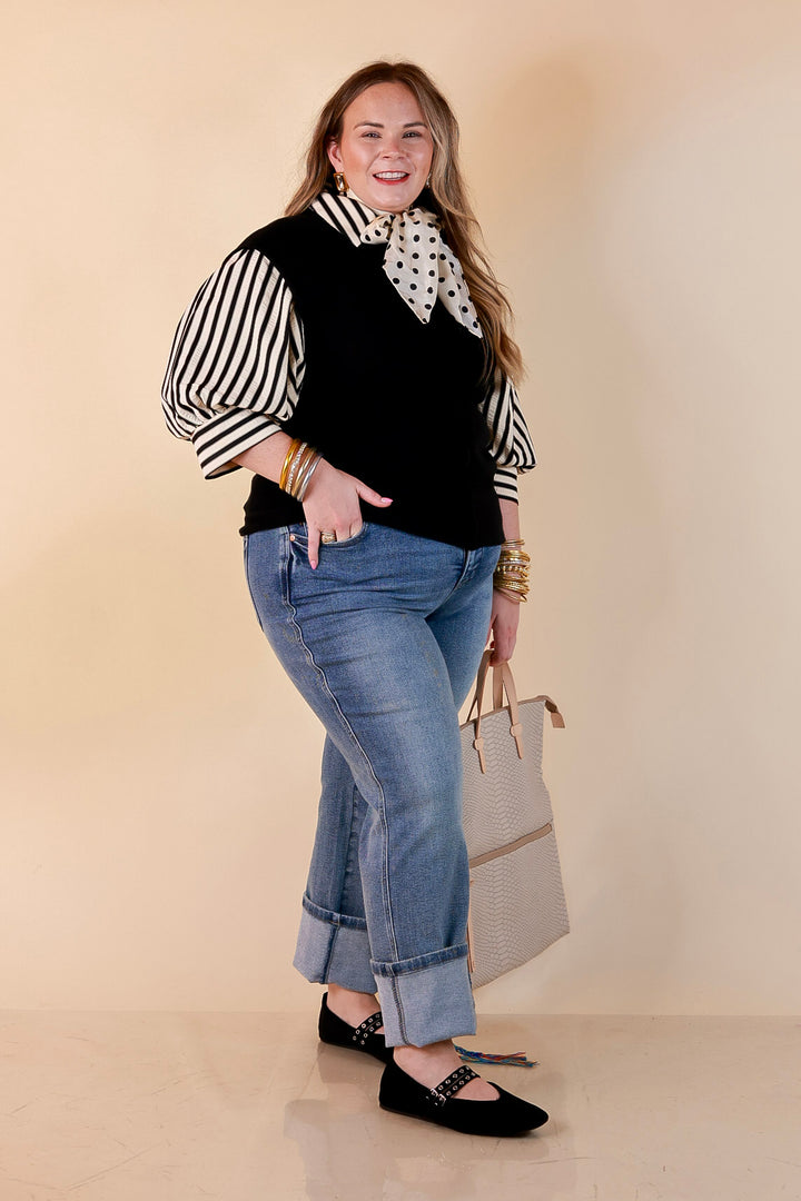 Always a Favorite Crew Neck Front Seam Sweater Knit Top in Black