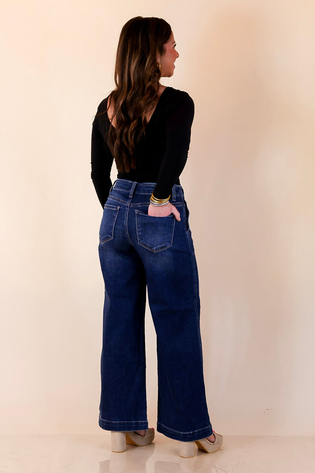 Risen | Steady Style Cropped Wide Leg Trouser Jean with Pocket Detailing in Dark Wash