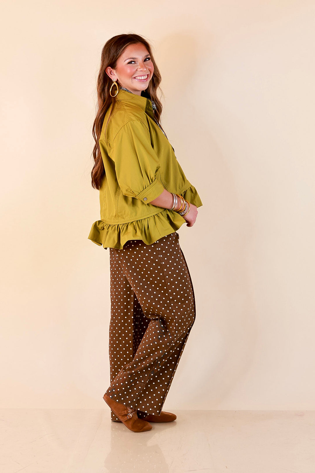 Style Agenda Solid Button Down Peplum Top in Chartreuse Olive Green