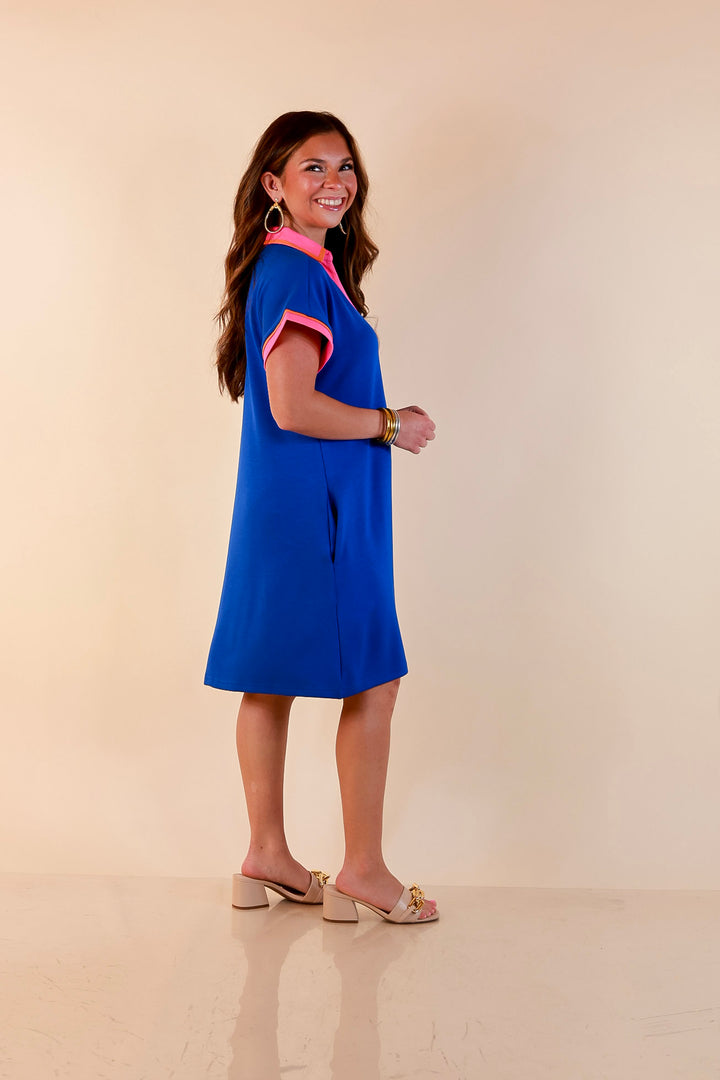 Color Me Confident Pink and Orange Contrast Trim Collared Shift Dress in Royal Blue