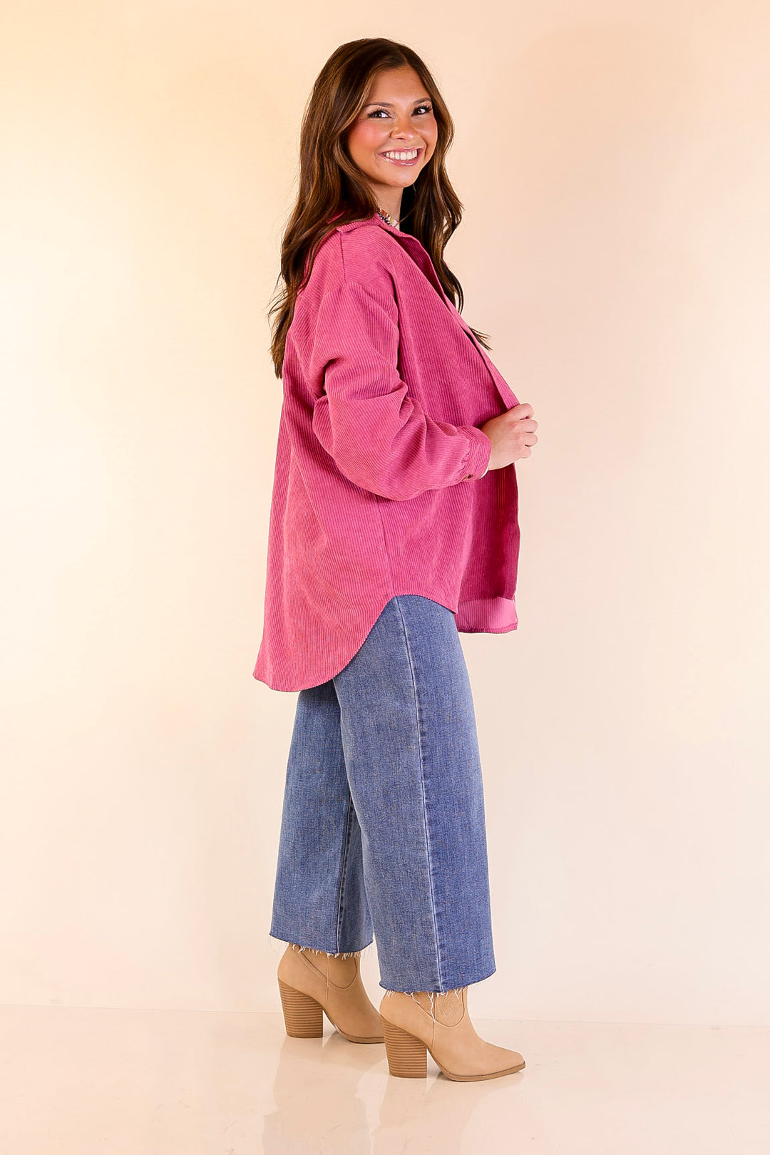 All Dolled Up Button Up Corduroy Shacket in Orchid Pink