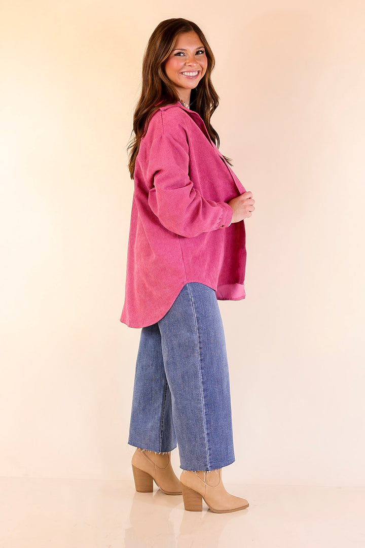 All Dolled Up Button Up Corduroy Shacket in Orchid Pink