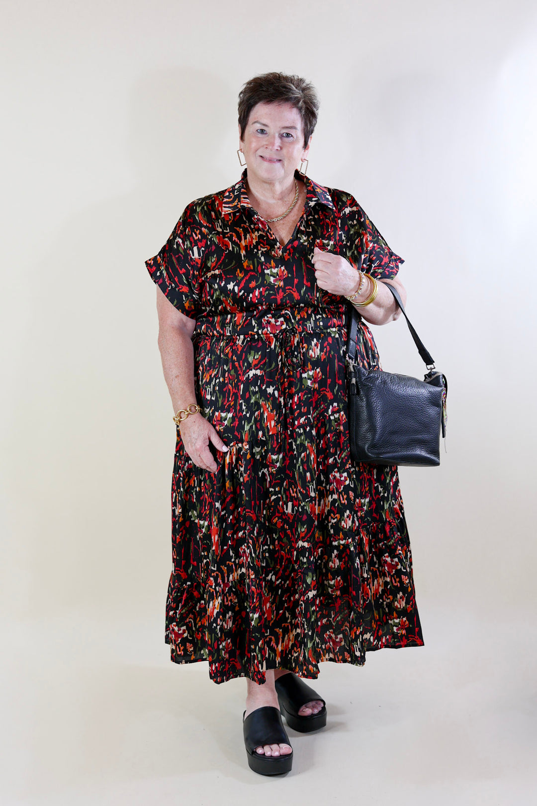 Burnin' Up Multicolor Abstract Print Midi Dress in Black - Giddy Up Glamour Boutique