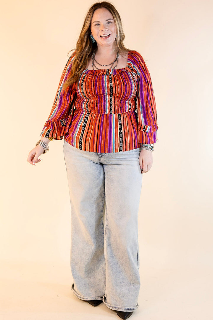 Blissful Break Serape Print Peplum Top with Smocked Bodice in Rust Orange Mix