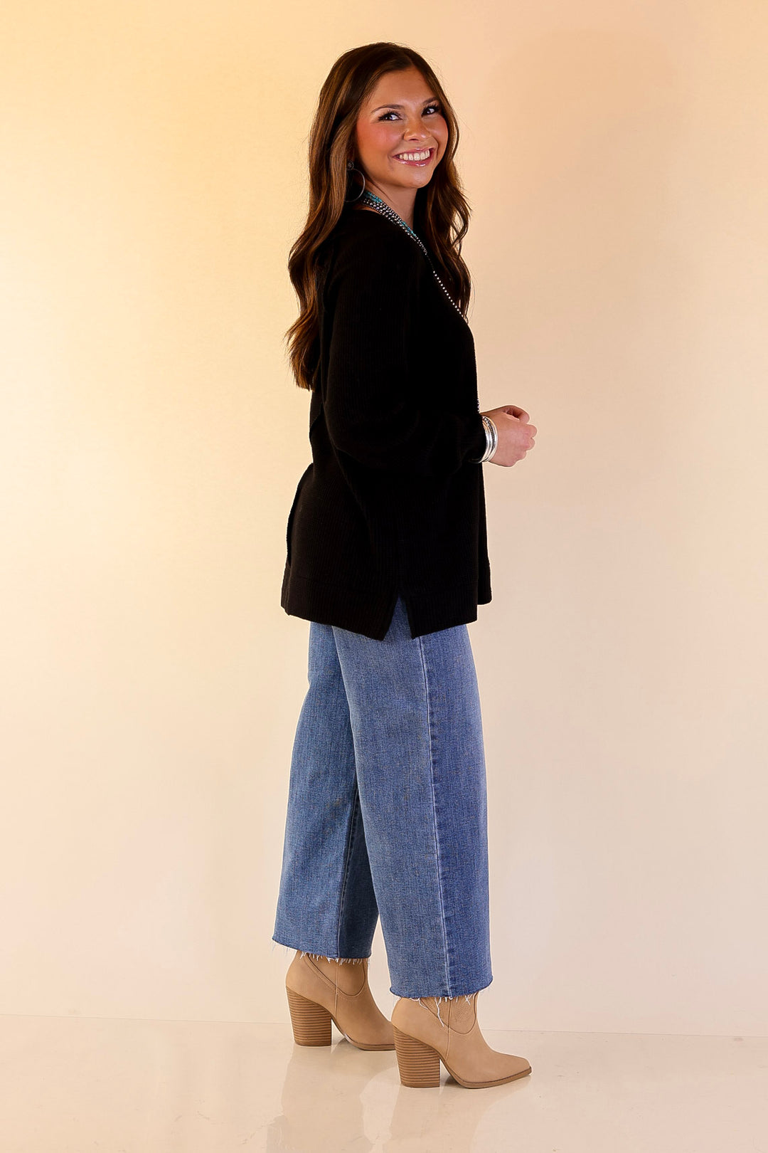 Essentially Chic Waffle Knit Long Sleeve Scoop Neck Top in Black