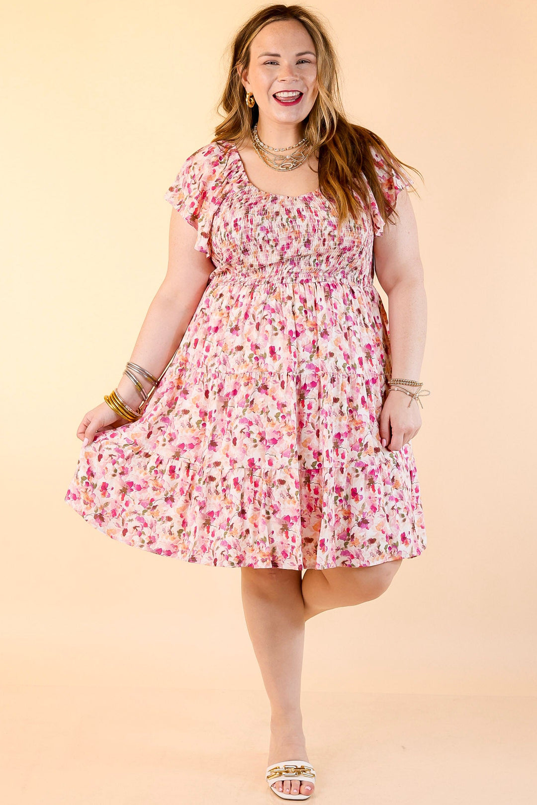 Sweet To Me Smocked Upper Floral Tiered Dress in Pink