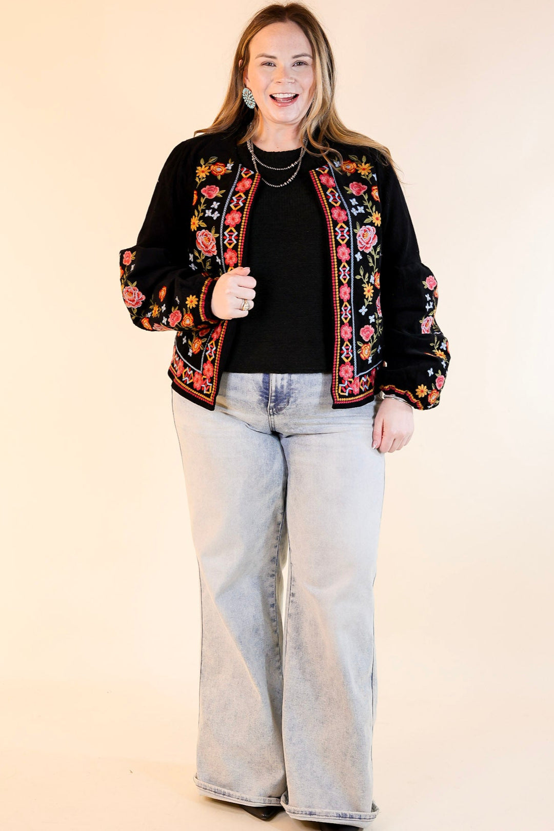 More To Say Corduroy Floral Embroidered Jacket in Black