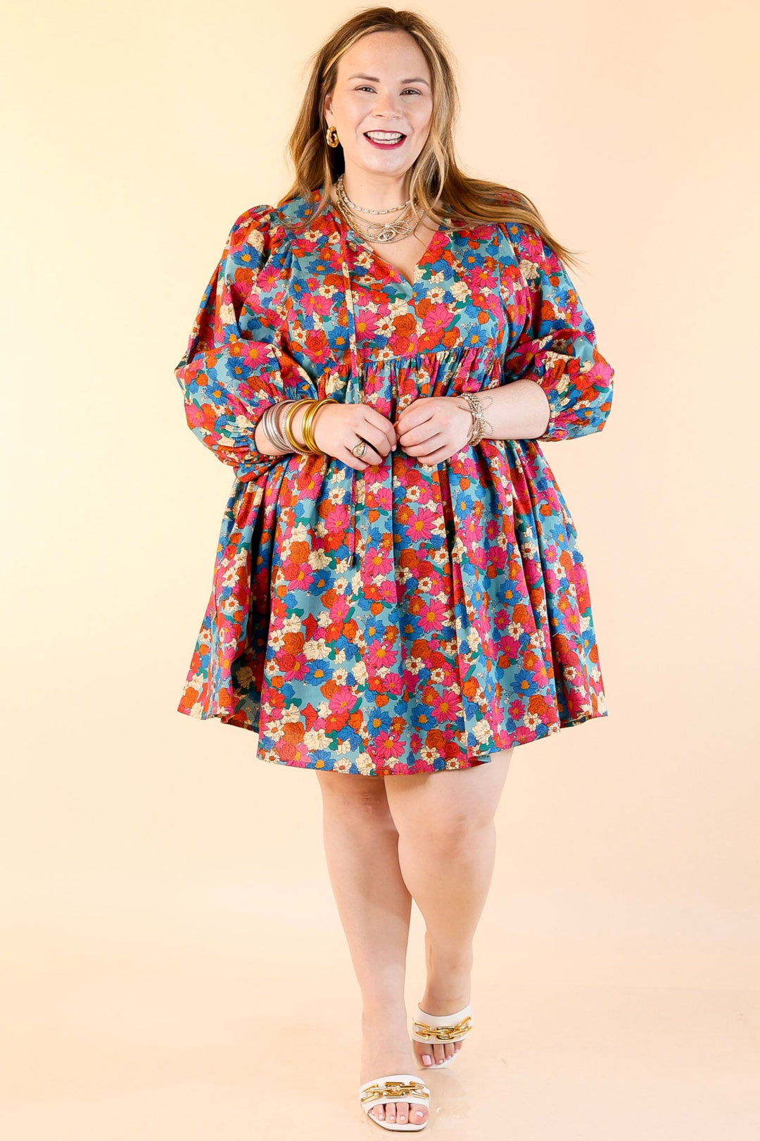 Wrapped In Love Floral Half Sleeve Dress with Keyhole Front in Turquoise