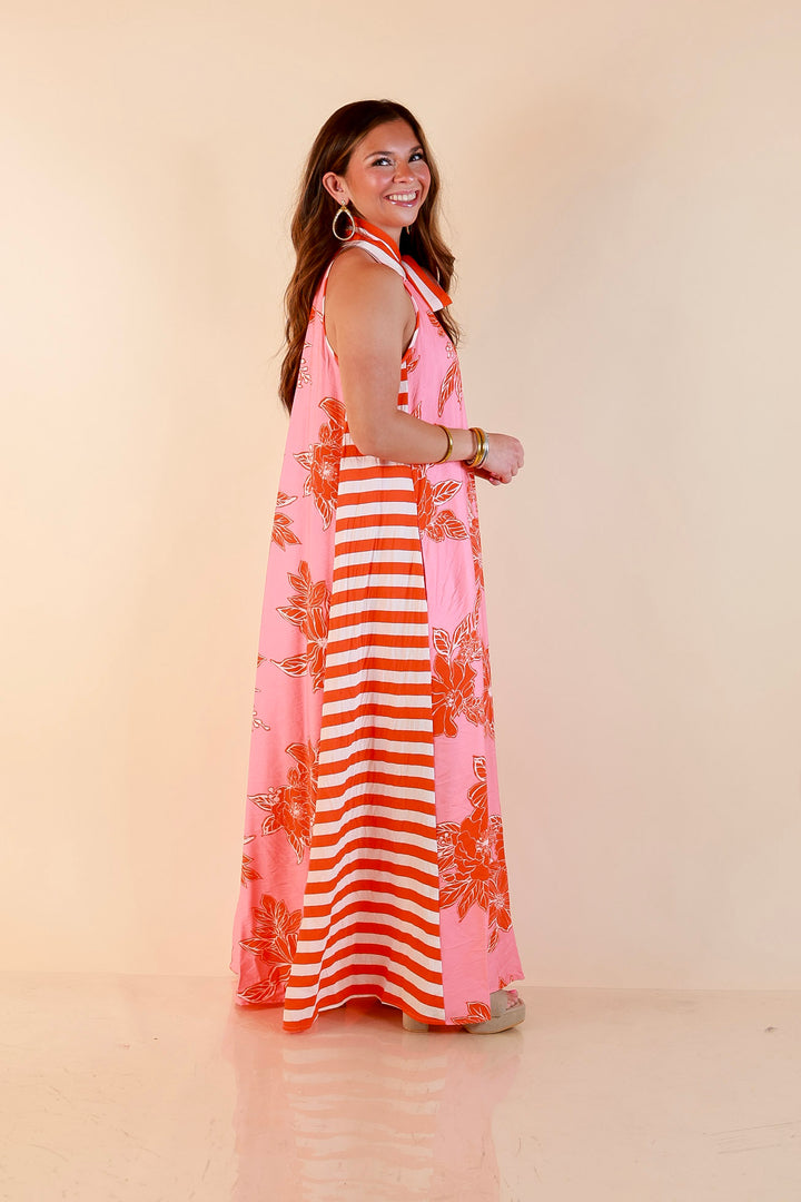 Meet Me in Palm Beach Floral Print Halter Maxi Dress with Adjustable Bow Tie Neck in Pink and Orange