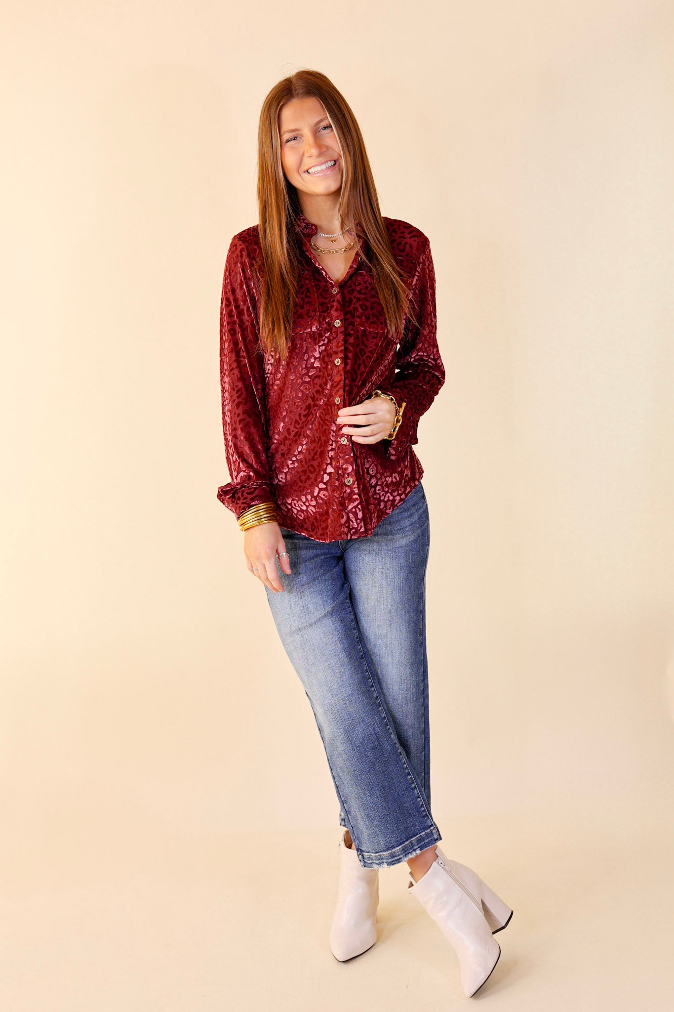 Candy Apple Evening Button Up Animal Print Velvet Long Sleeve Blouse in Wine Red - Giddy Up Glamour Boutique