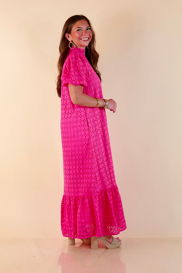Meet Me at Sunset Eyelet Lace Puff Sleeve Tiered Maxi Dress in Hot Pink