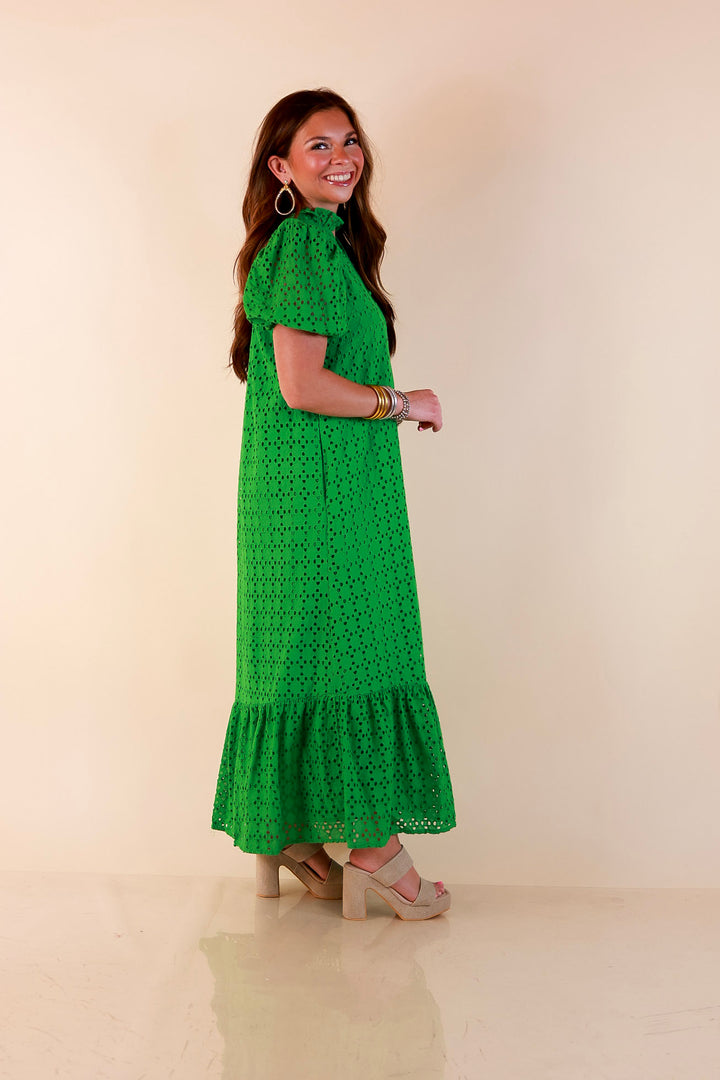 Meet Me at Sunset Eyelet Lace Puff Sleeve Tiered Maxi Dress in Kelly Green