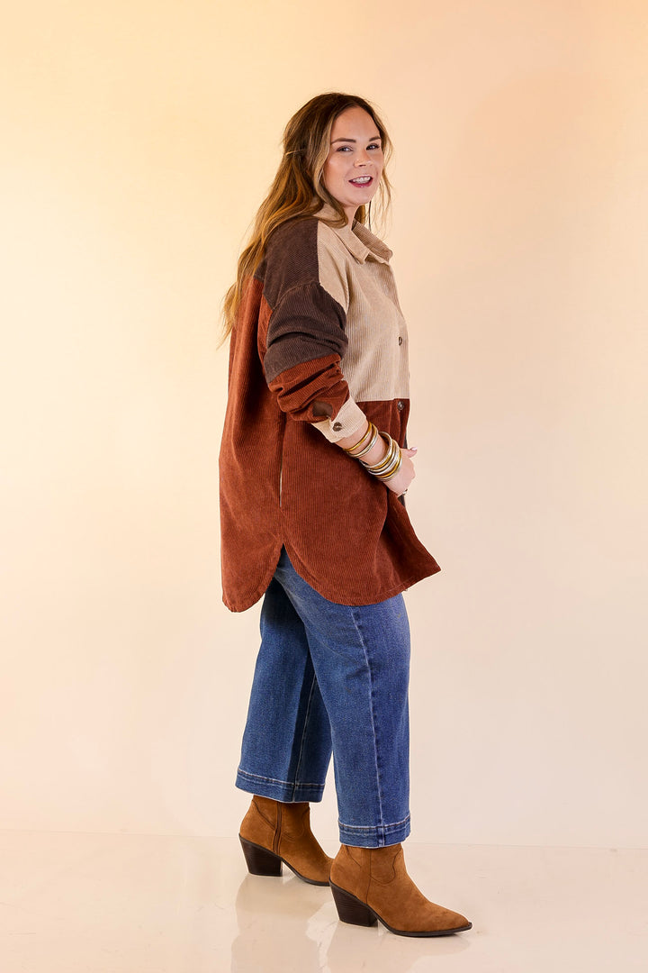 Casual Cuddles Color Block Corduroy Shacket in Brown Mix