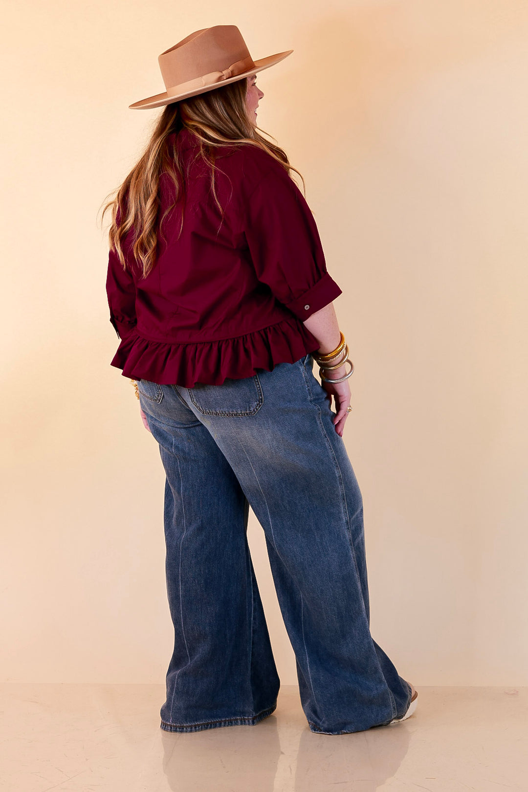 Style Agenda Solid Button Down Peplum Top in Maroon