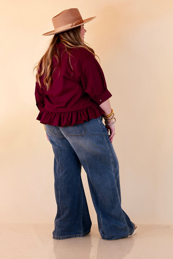 Style Agenda Solid Button Down Peplum Top in Maroon