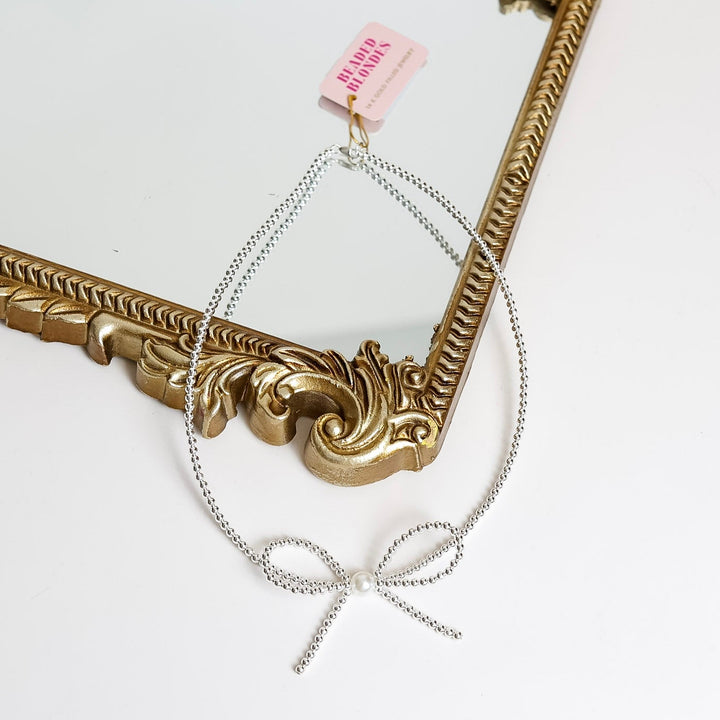 Beaded Blondes | Silver Bow Beaded Necklace with Pearl Accent