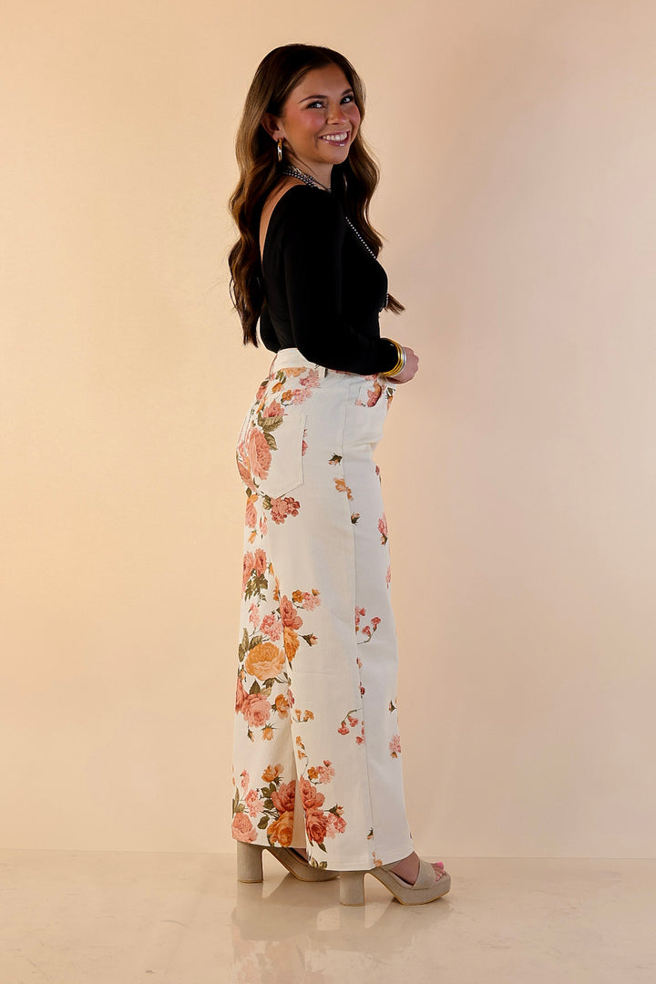 The Best Cropped Wide Leg Vintage Rose Floral Print Jeans in Ivory