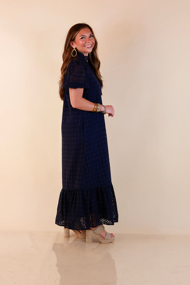 Meet Me at Sunset Eyelet Lace Puff Sleeve Tiered Maxi Dress in Navy Blue