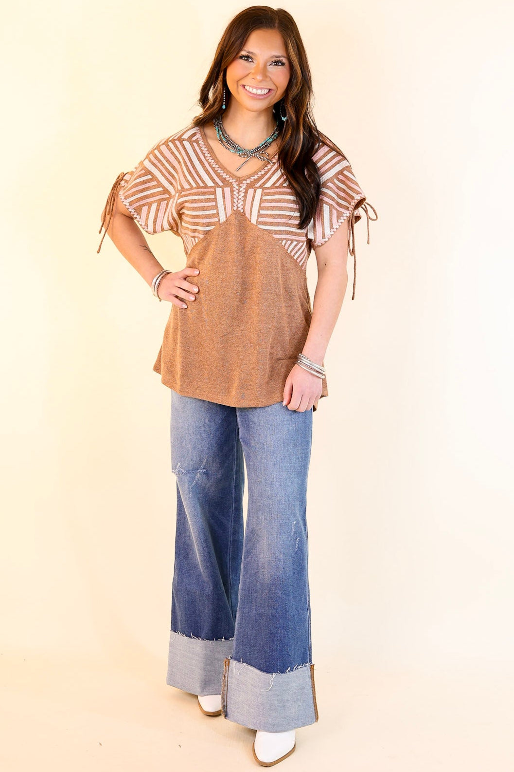 In the Desert Pink and Ivory Embroidered Top with Sleeve Ties in Brown