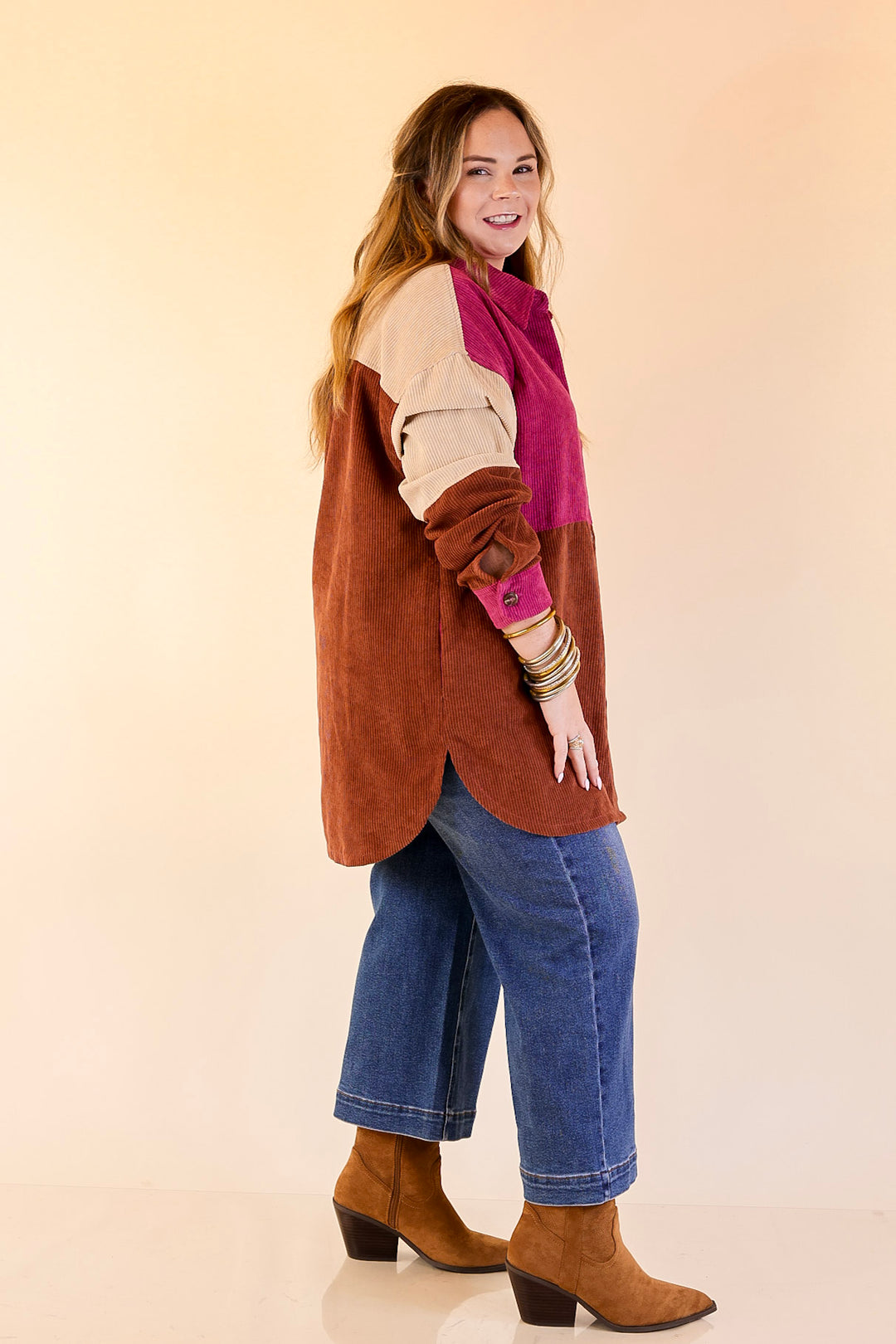 Casual Cuddles Color Block Corduroy Shacket in Magenta Mix