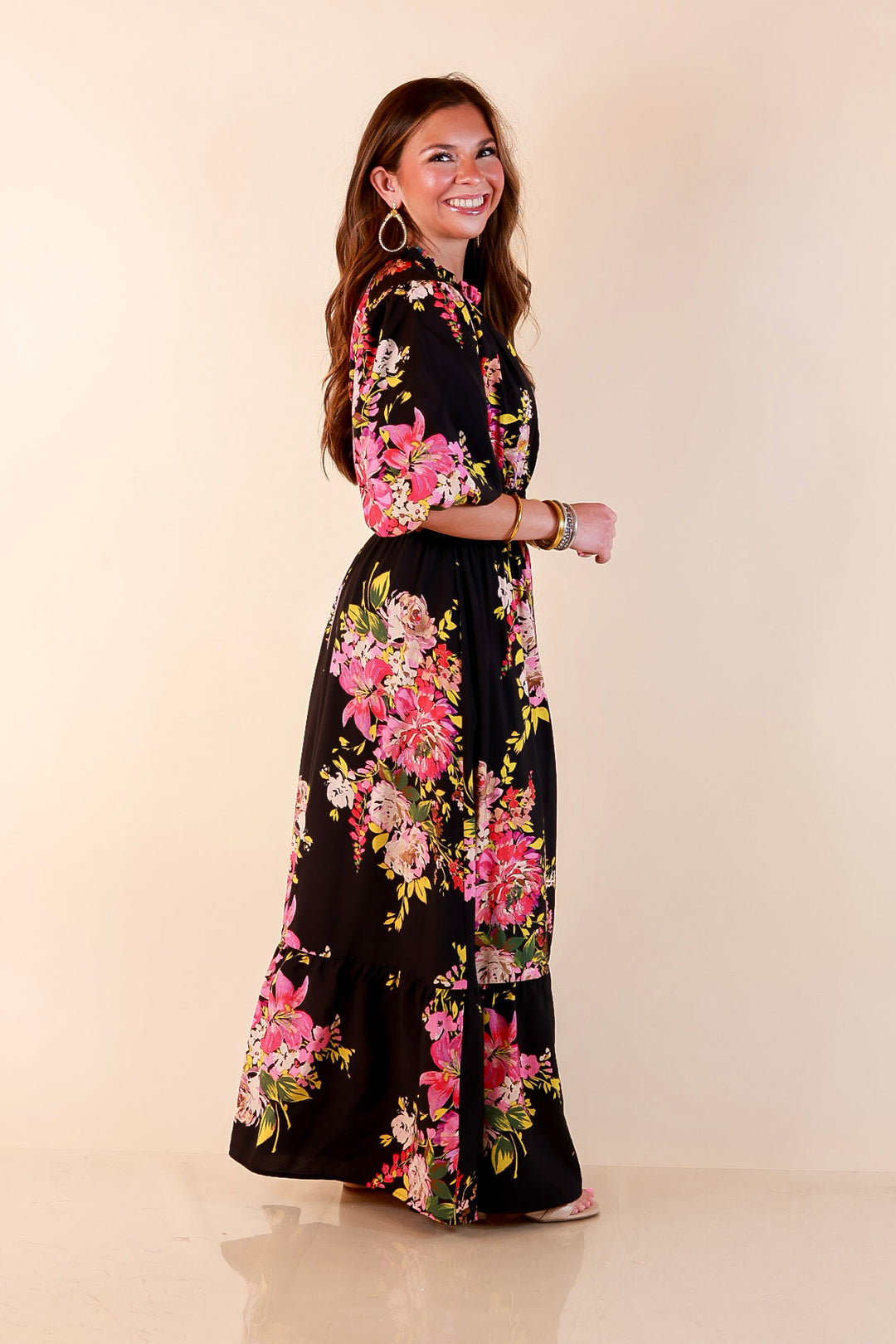Reserved for Brunch Puff Sleeve Smocked Waist Floral Maxi Dress in Black Multi