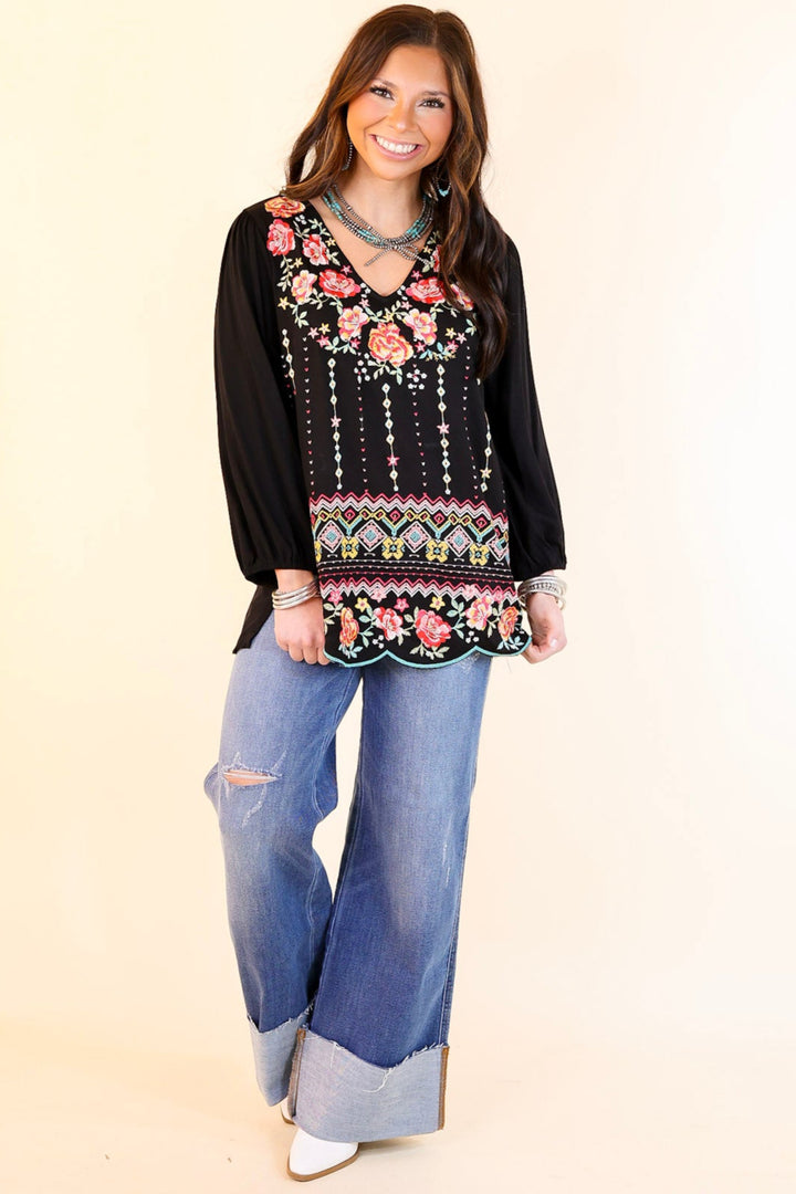Early Bird Embroidered Front 3/4 Sleeve Top with V Neck in Black