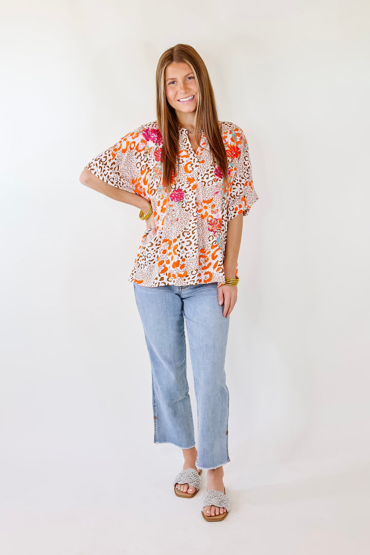 By Chance Leopard Print Top Short Sleeve Top with Floral Embroidery in Ivory - Giddy Up Glamour Boutique