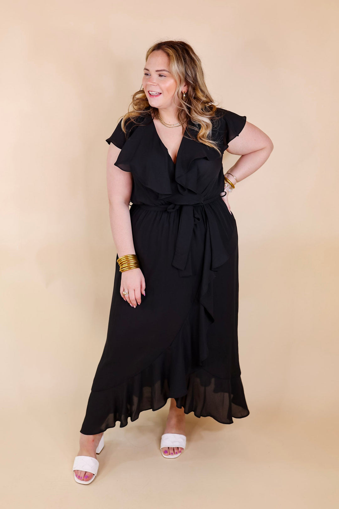 Tranquil Touch Ruffle Midi Dress with Waist Tie in Black - Giddy Up Glamour Boutique