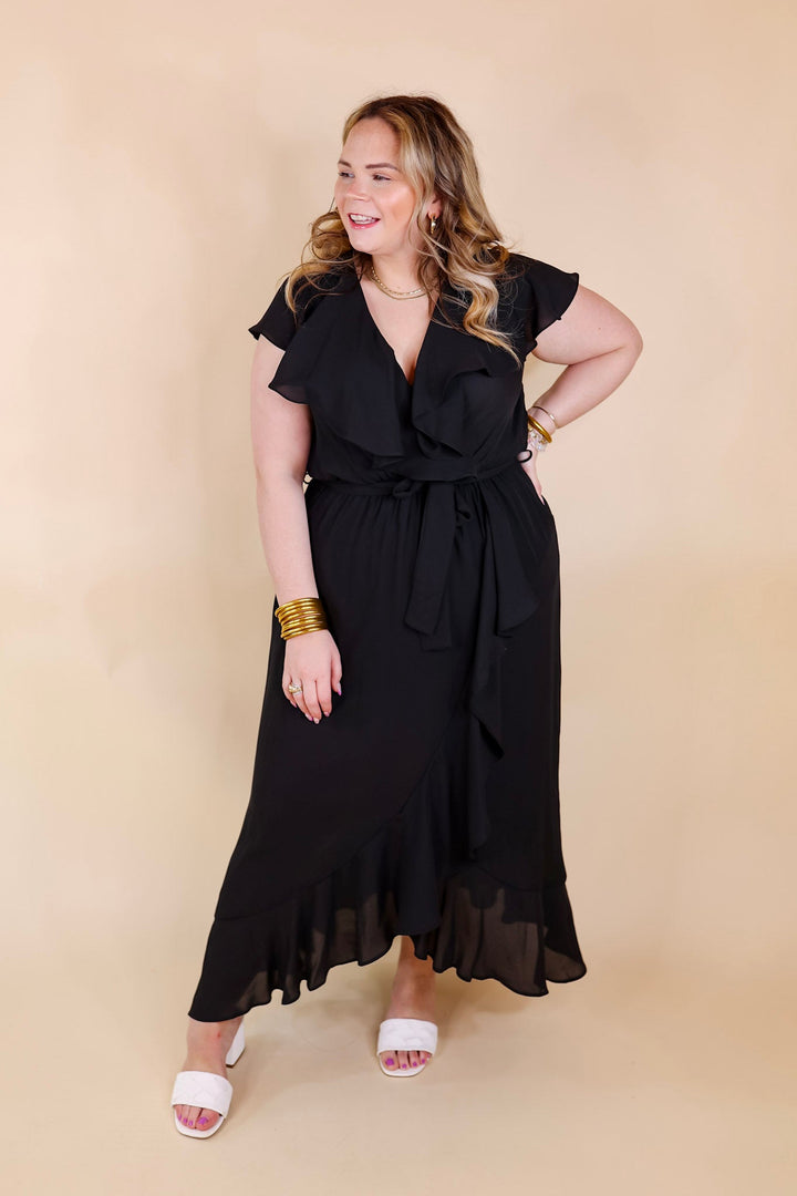 Tranquil Touch Ruffle Midi Dress with Waist Tie in Black - Giddy Up Glamour Boutique