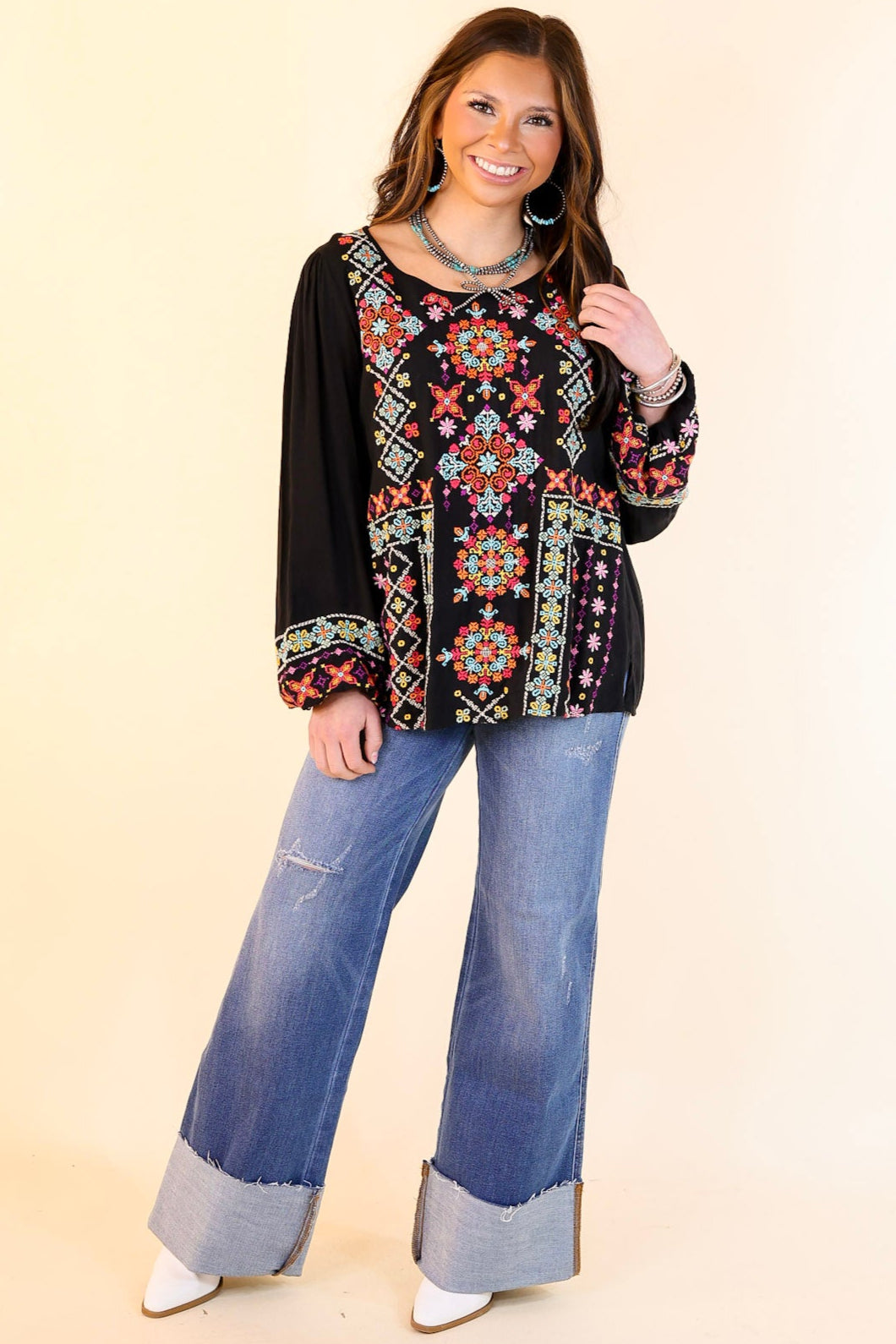Wake Up Call Embroidered Long Sleeve Top in Black