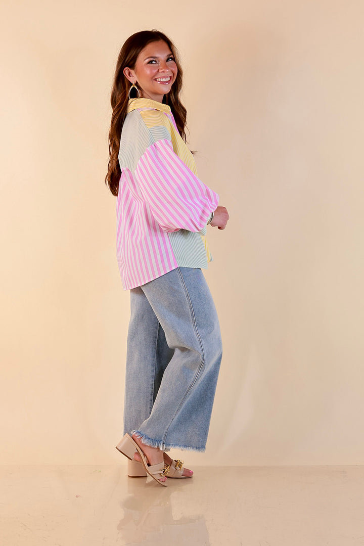 Lovely Impression Colorblock Stripe Button Front Top with Balloon Sleeves in Pink, Yellow and Green