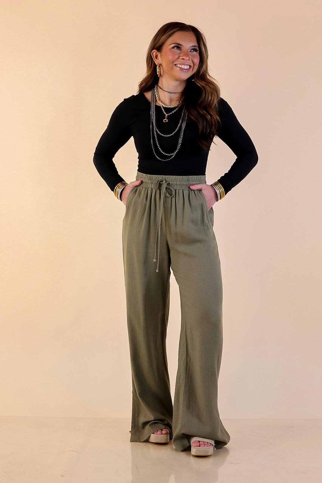 Styled in Comfort Linen Wide Leg Drawstring Pants in Olive Green