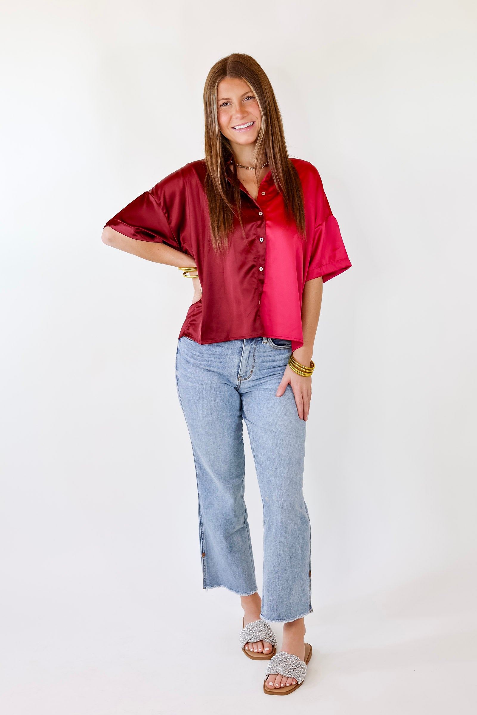 Meant To Be Happy Button Up Color Block Satin Top in Fuchsia Mix - Giddy Up Glamour Boutique