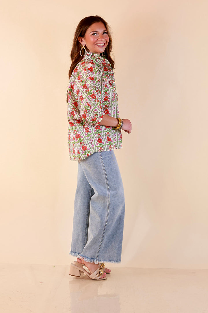 Charming Details Floral Print Button Front Dolman Top with Ruffle Collar in Ivory