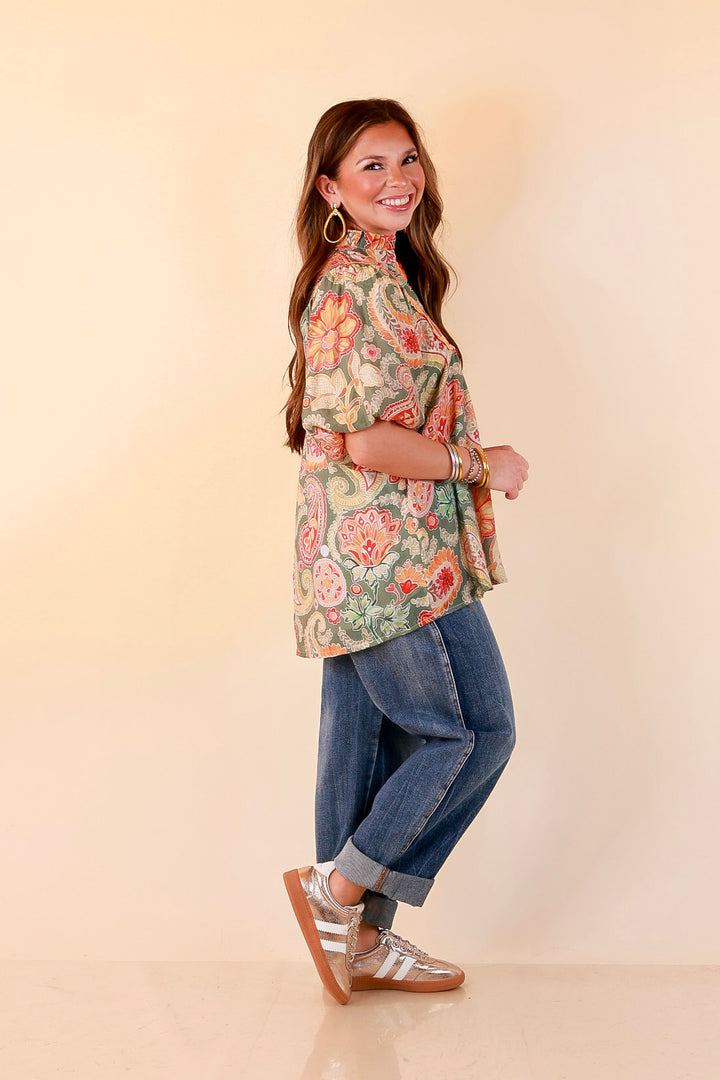Blooming Days Ahead Paisley Print V Neck Blouse with Puff Sleeves, Ruffle Trim Collar and Lace Trim Yoke in Olive Green Mix