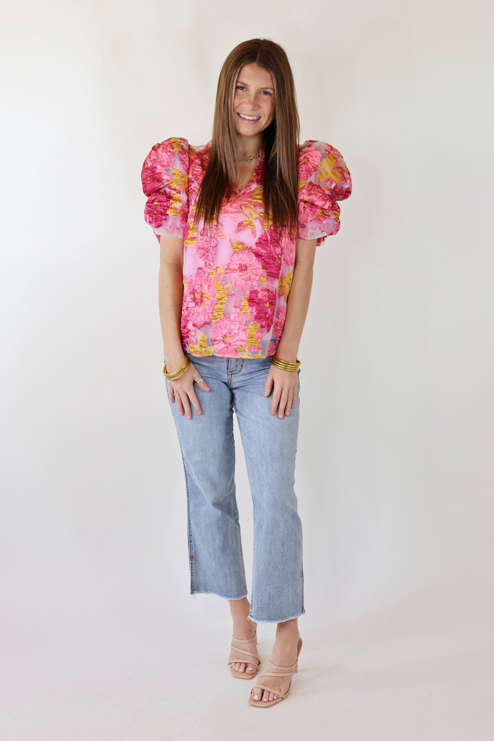 A Fine Feeling Floral Print Top with Puffed Sleeves in Pink - Giddy Up Glamour Boutique